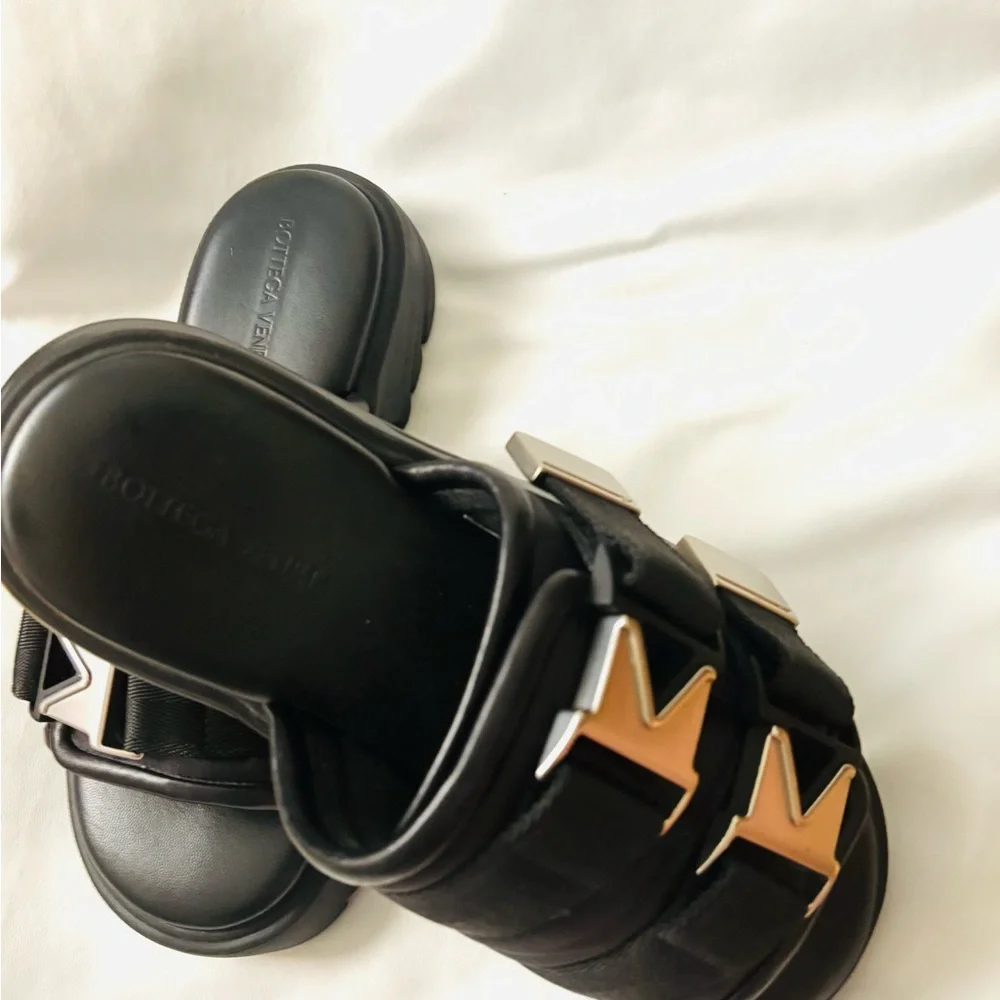 Bottega Veneta Black Leather Dual-Strap Slide Sandals with Silver Buckles
